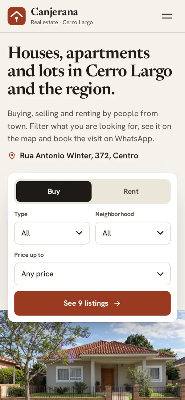 Canjerana Imóveis on a phone, screen 1