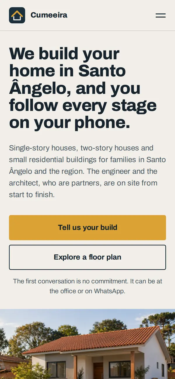 Cumeeira Construtora on a phone, screen 1