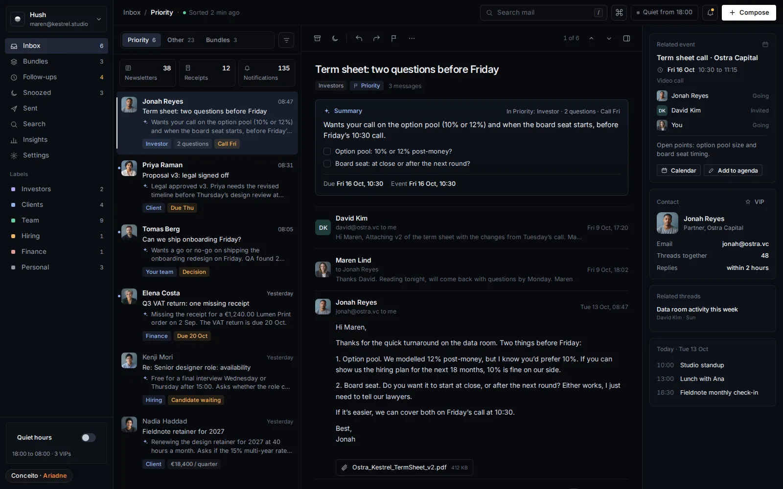 Concept Hush App, AI email · Dashboard