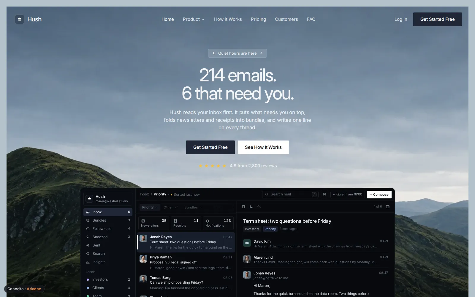 Concept Hush, AI email · Landing page