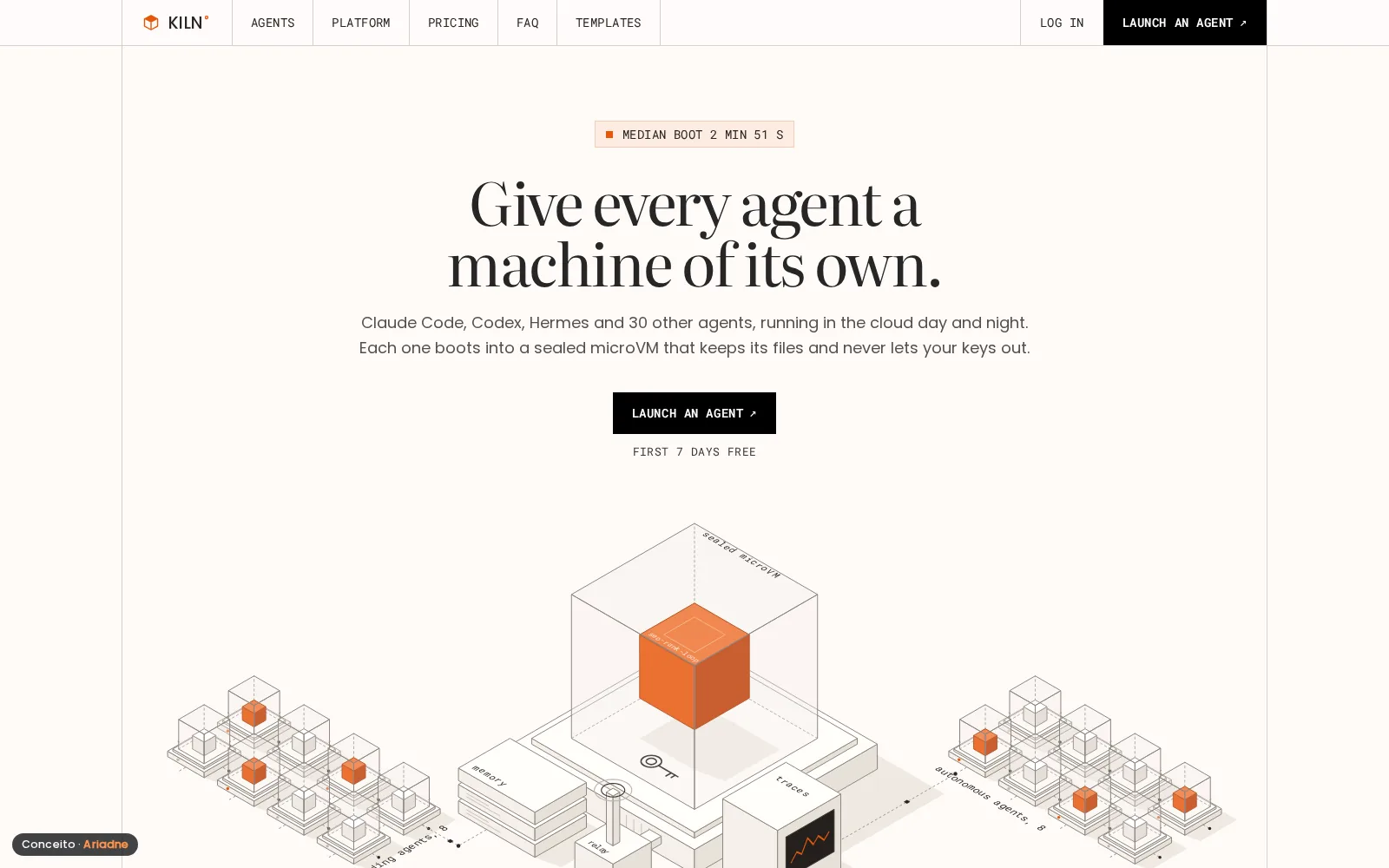 Conceito Kiln, Máquinas para agentes de IA · Landing page