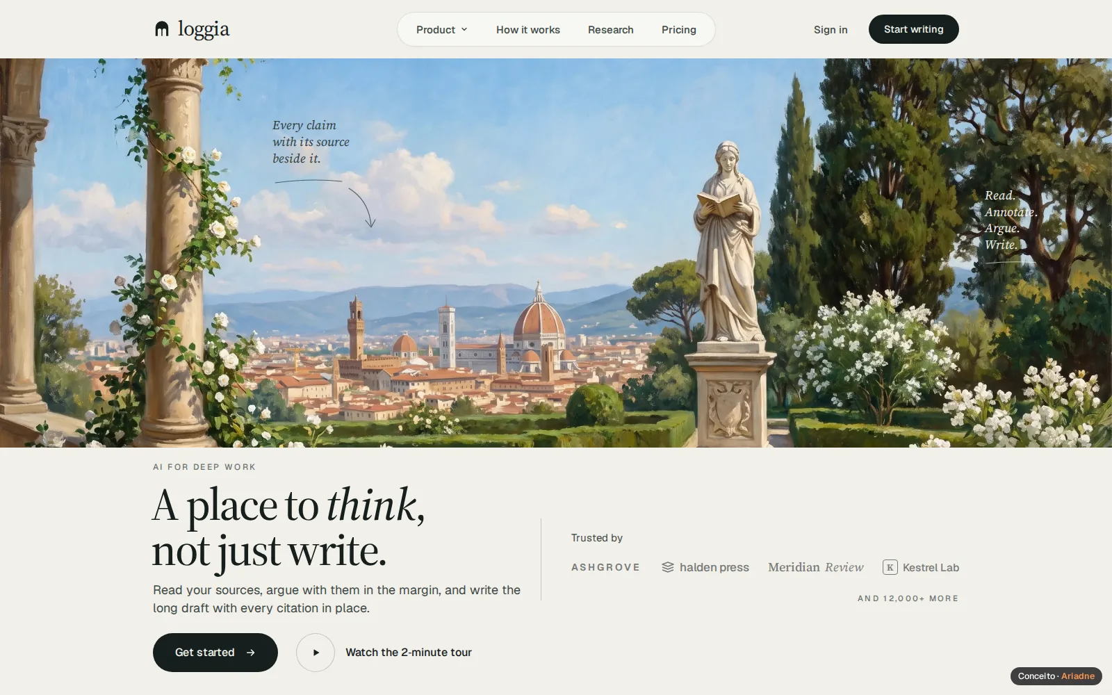 Concept Loggia, AI research and writing · Landing page