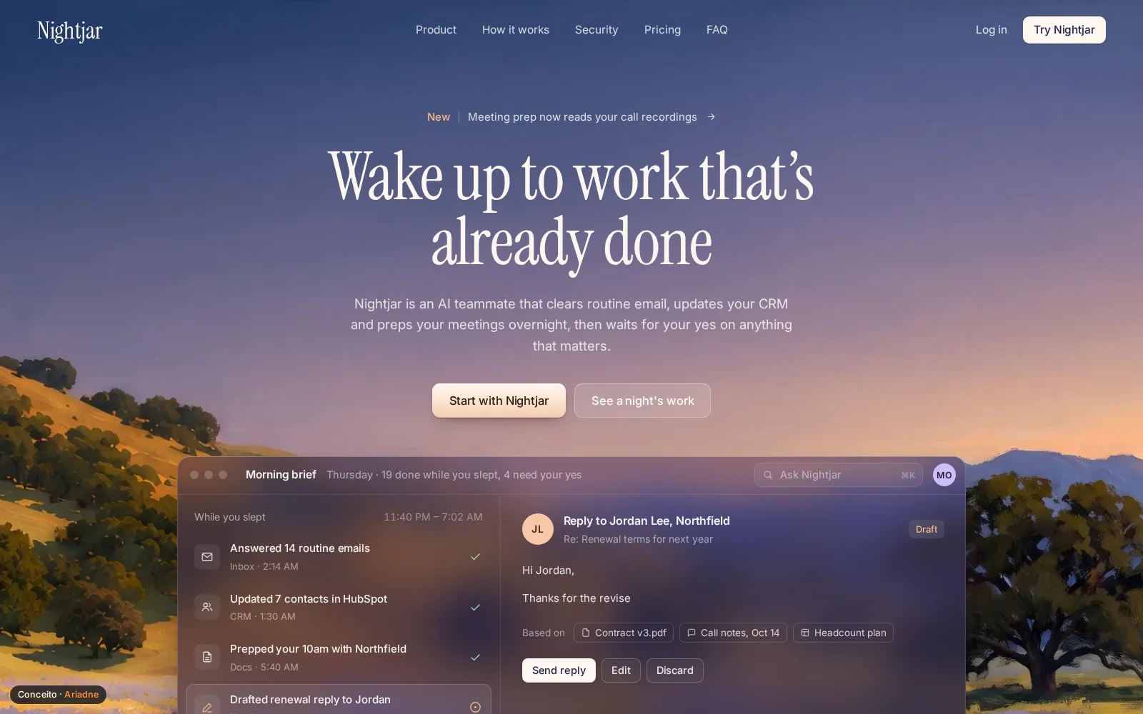 Concept Nightjar, Overnight AI teammate · Landing page