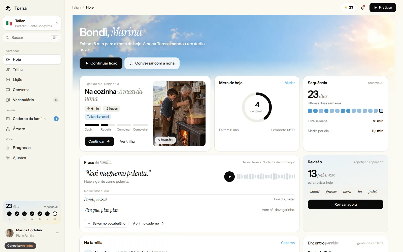 Concept Torna App, Heritage languages · Dashboard