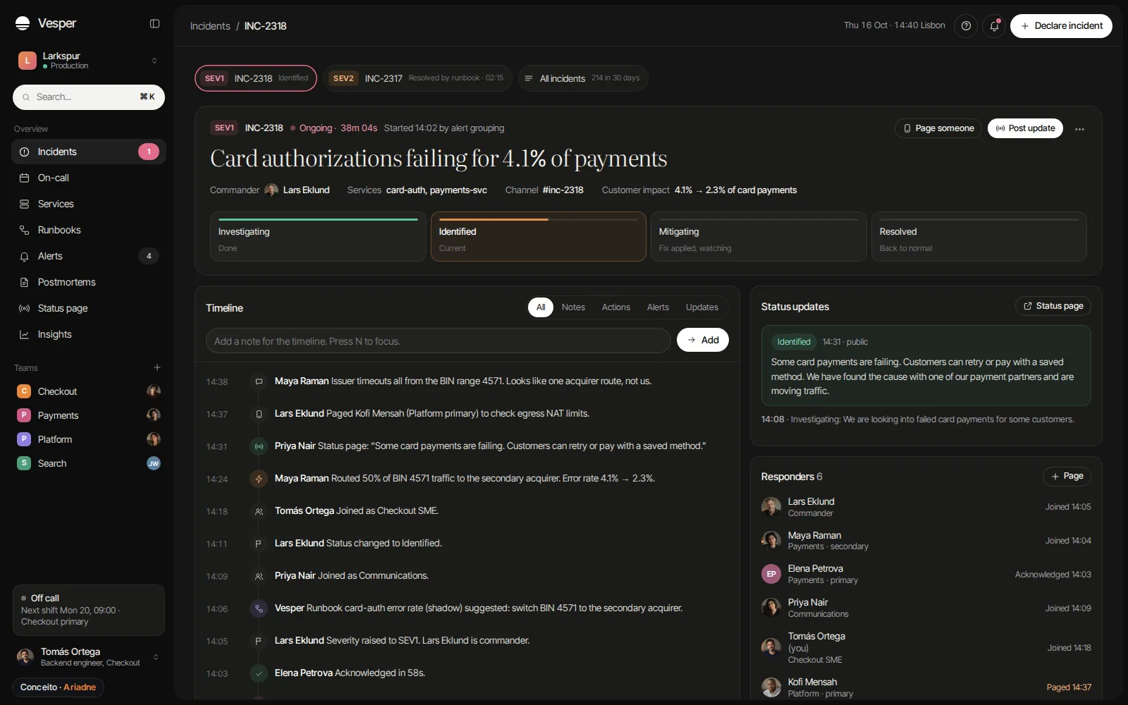 Concept Vesper App, On-call and incidents · Dashboard