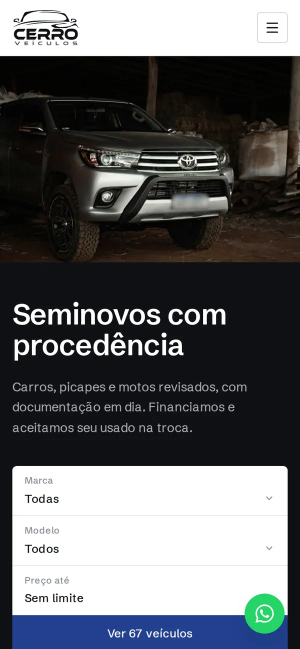 Primeira tela do site Cerro Veículos no celular