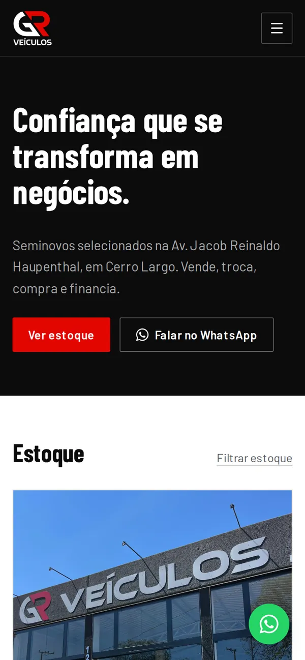 Primeira tela do site GR Veículos no celular