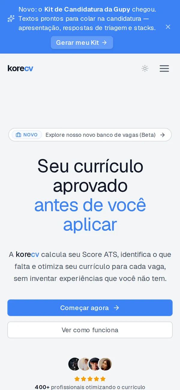 Primeira tela do site korecv no celular