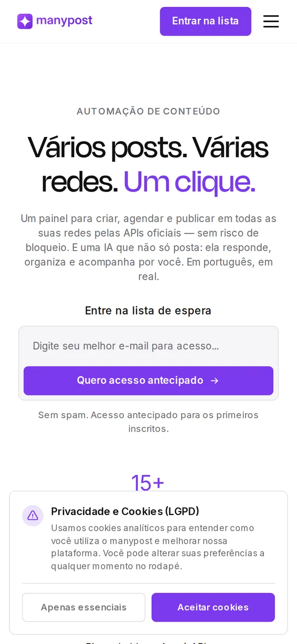 Primeira tela do site manypost no celular