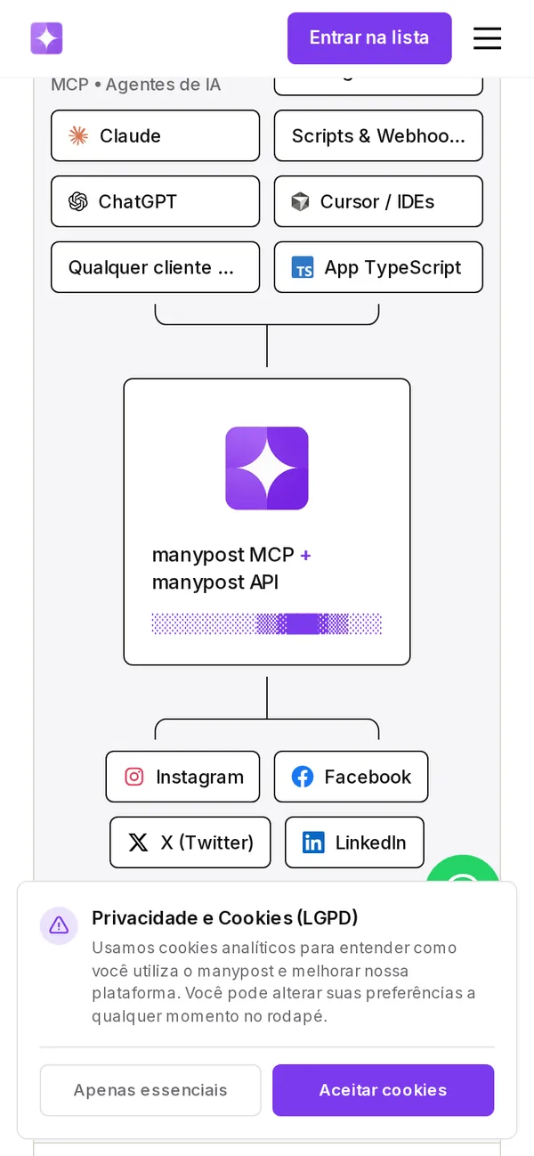 O site manypost no celular, tela 2