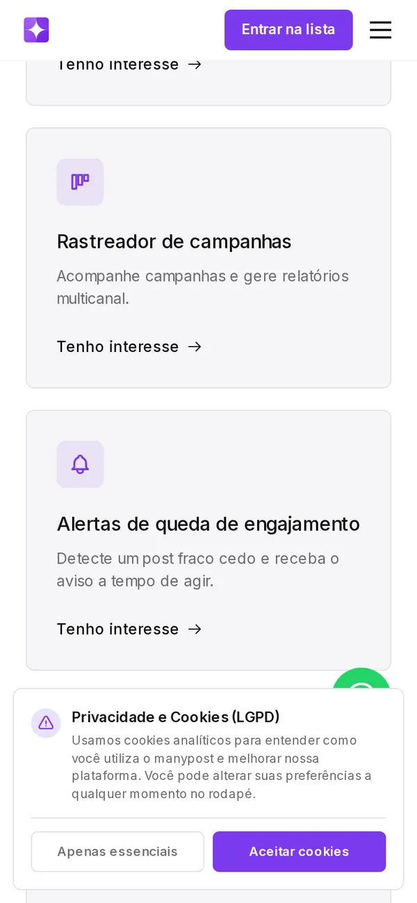 O site manypost no celular, tela 3