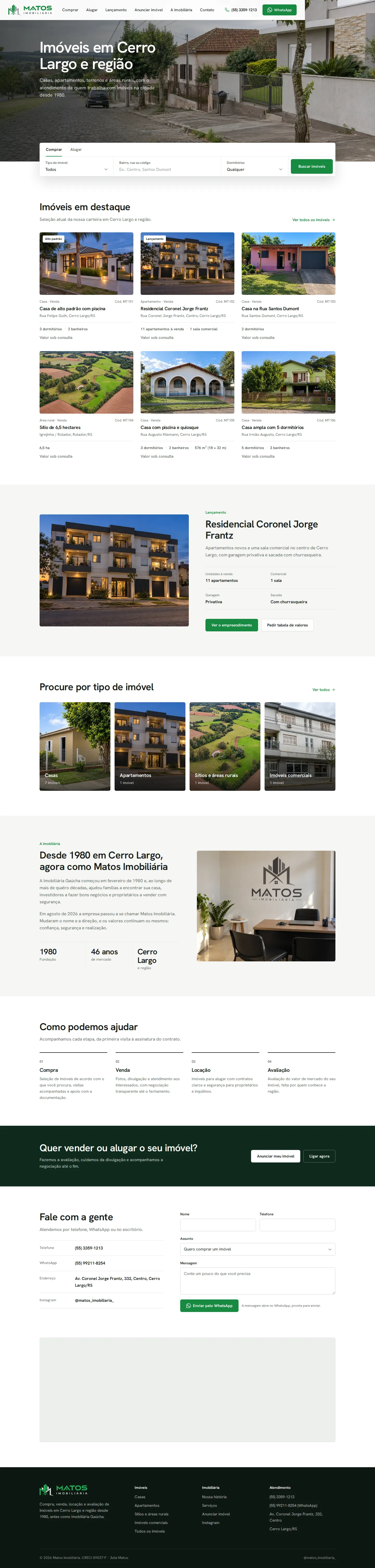 A página inicial inteira do site Matos Imobiliária no computador