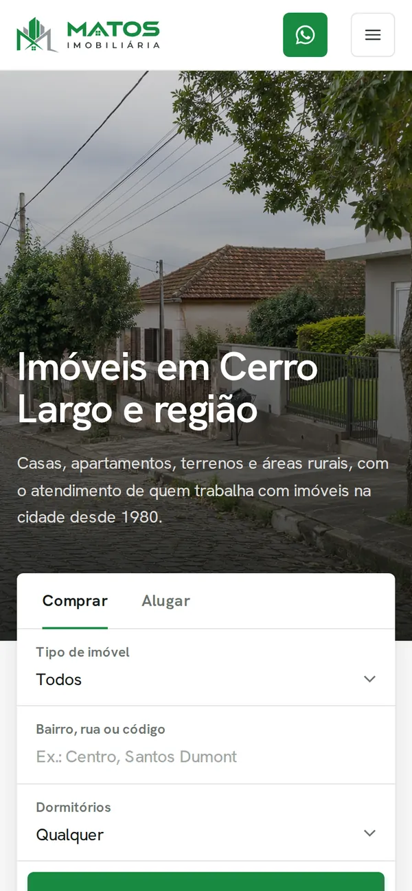 Primeira tela do site Matos Imobiliária no celular