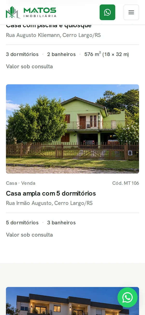 O site Matos Imobiliária no celular, tela 2