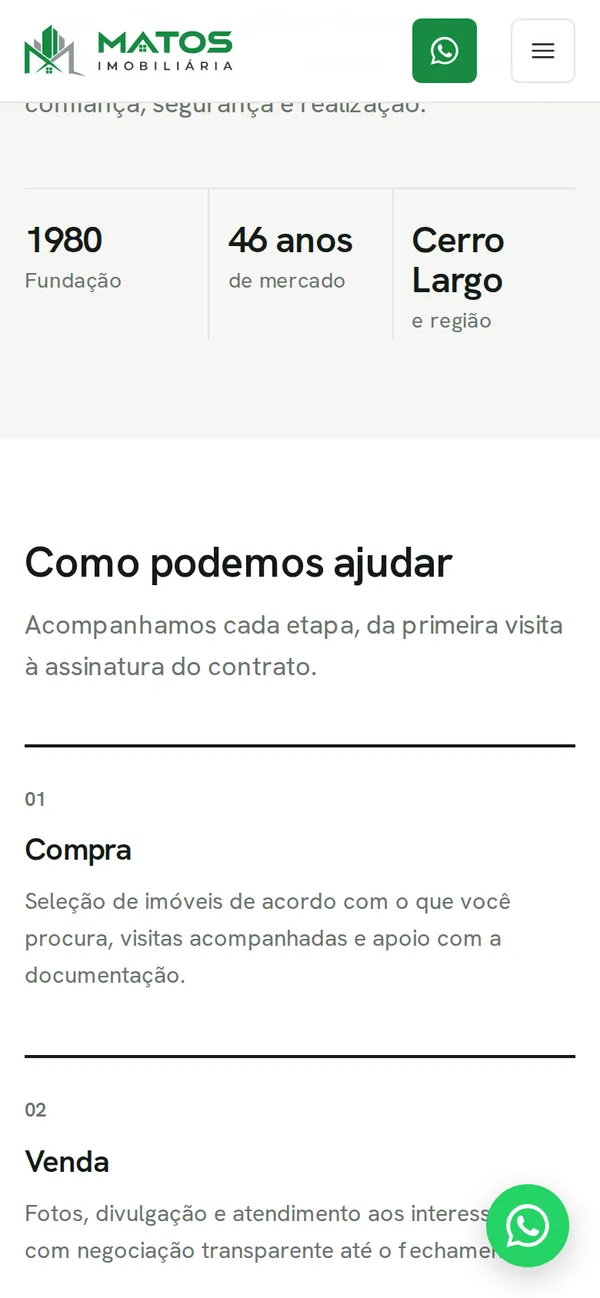 O site Matos Imobiliária no celular, tela 3