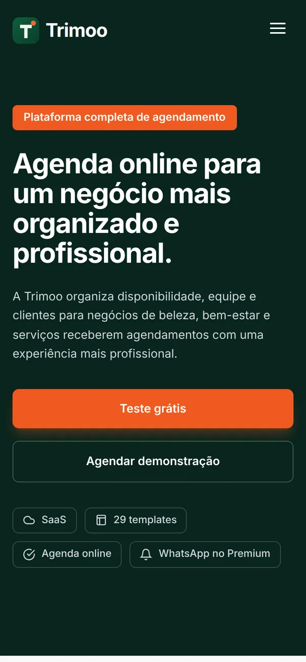 Primeira tela do site Trimoo no celular