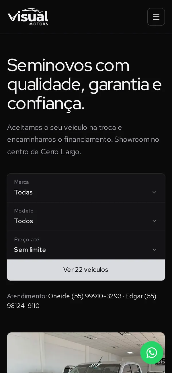 Primeira tela do site Visual Motors no celular