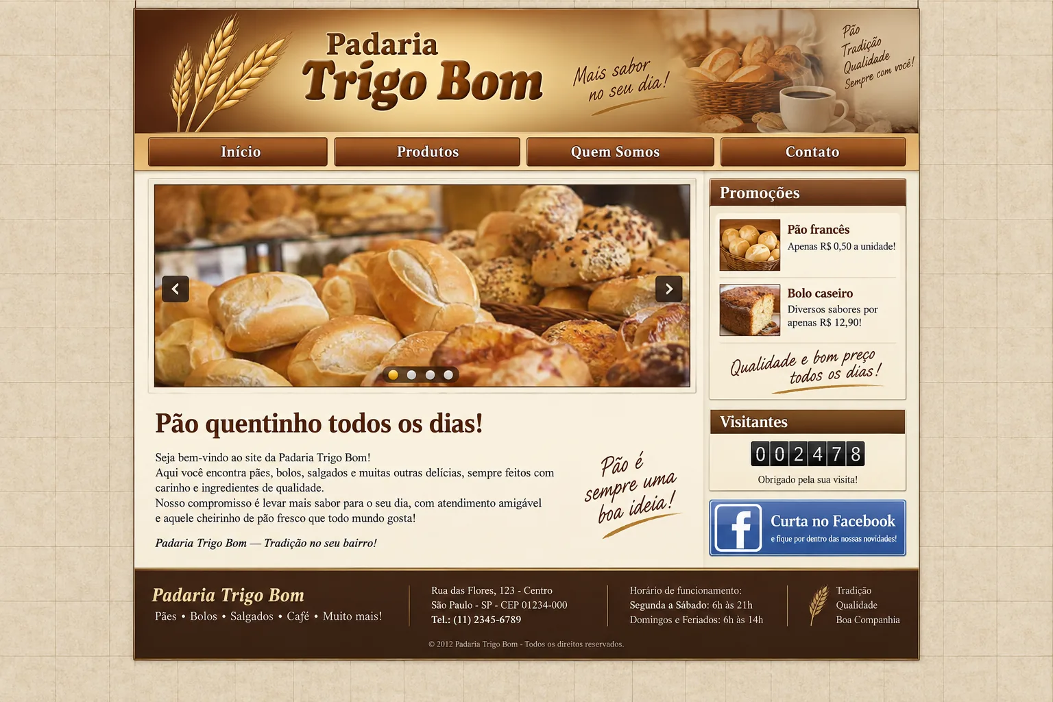 Site antigo da Padaria Trigo Bom, com layout de 2014