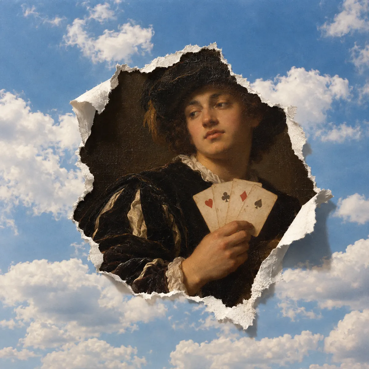 Um rasgo no céu mostrando uma mão em manga de veludo segurando cartas de baralho junto ao peito, de uma pintura barroca.