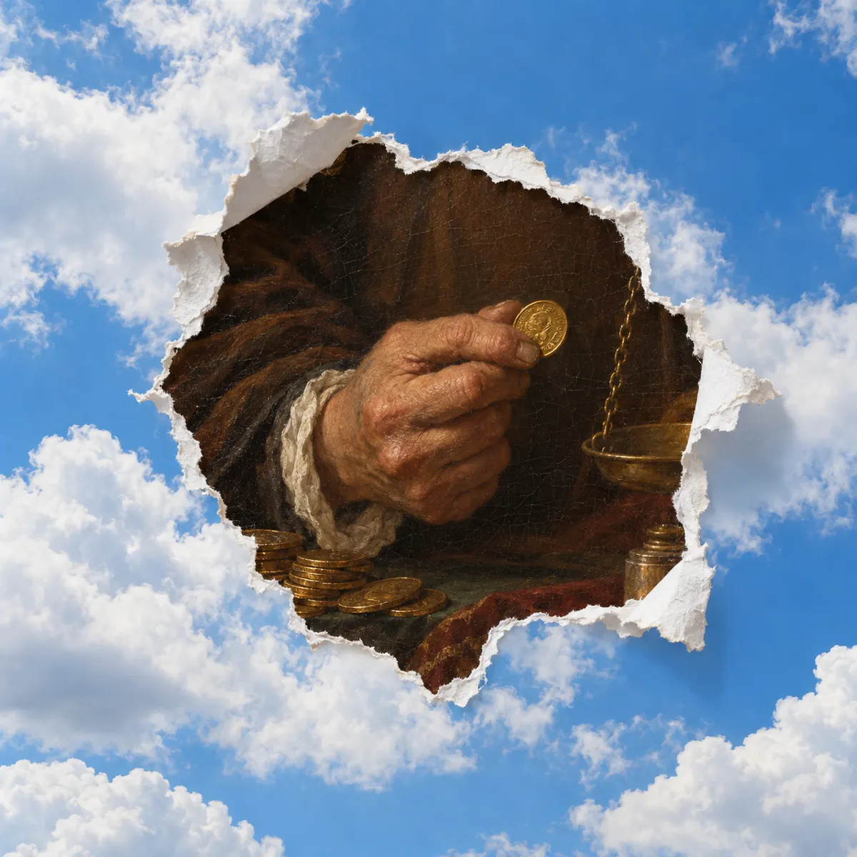 Um céu azul rasgado revelando a mão de um mercador contando moedas de ouro, de uma pintura a óleo clássica.