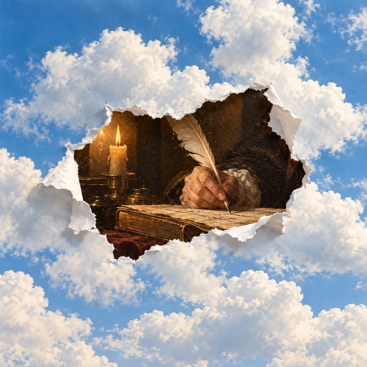 Um rasgo no céu mostrando a mão de um estudioso escrevendo num livro-razão com uma pena.