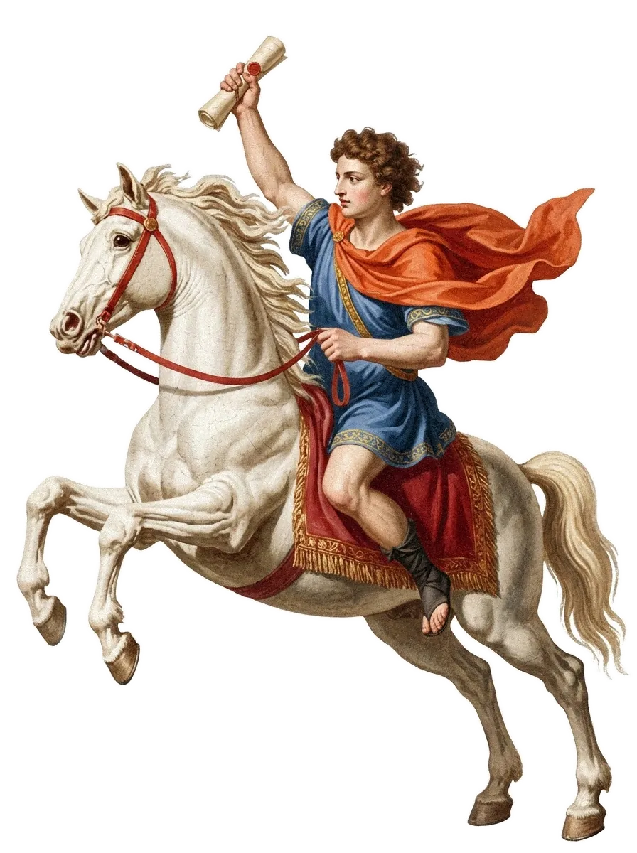Pintura de um mensageiro num cavalo branco empinado, erguendo uma carta lacrada