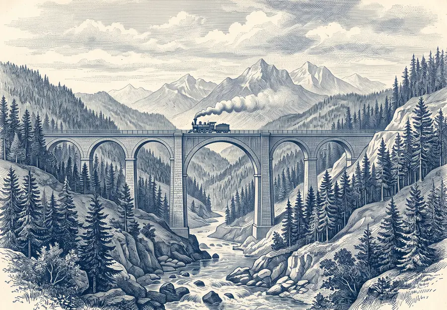 Engraving of a stone viaduct with a steam train crossing a forested valley