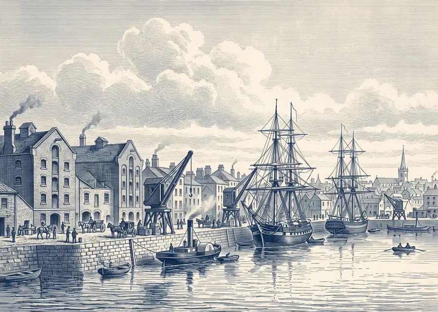 Engraving of a harbour with warehouses, cranes and sailing ships