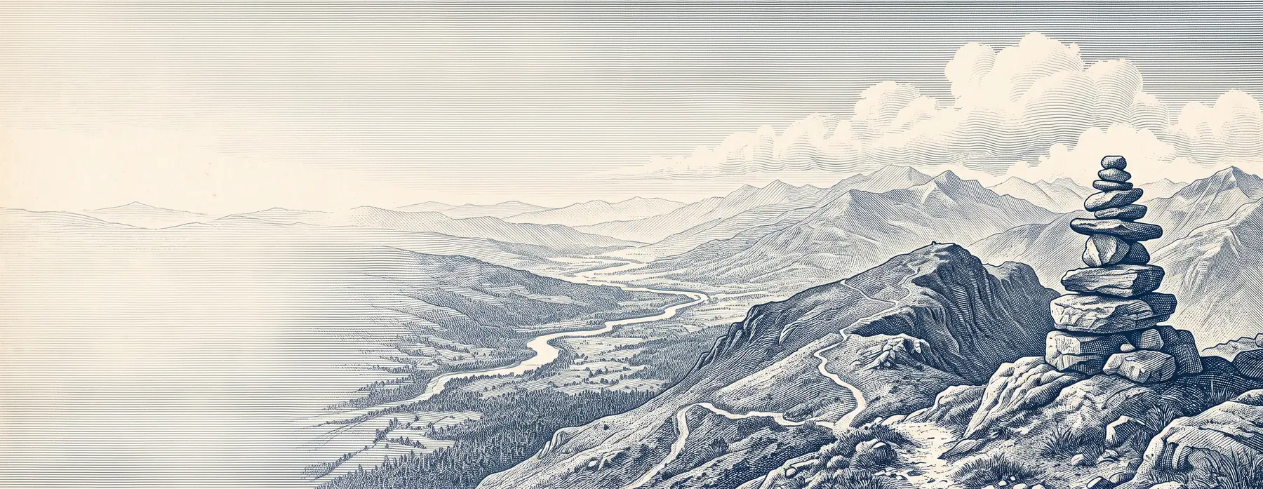 Engraving of a stone cairn on a mountain ridge above a wide valley
