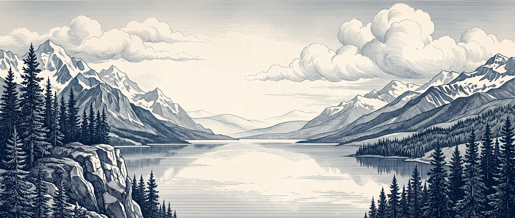 Engraving of snow-capped mountains around a still lake, framed by pine trees