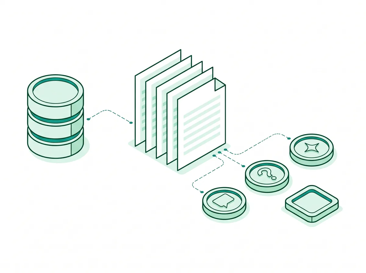 Isometric drawing of databases and documents linked to message, question and sparkle tokens