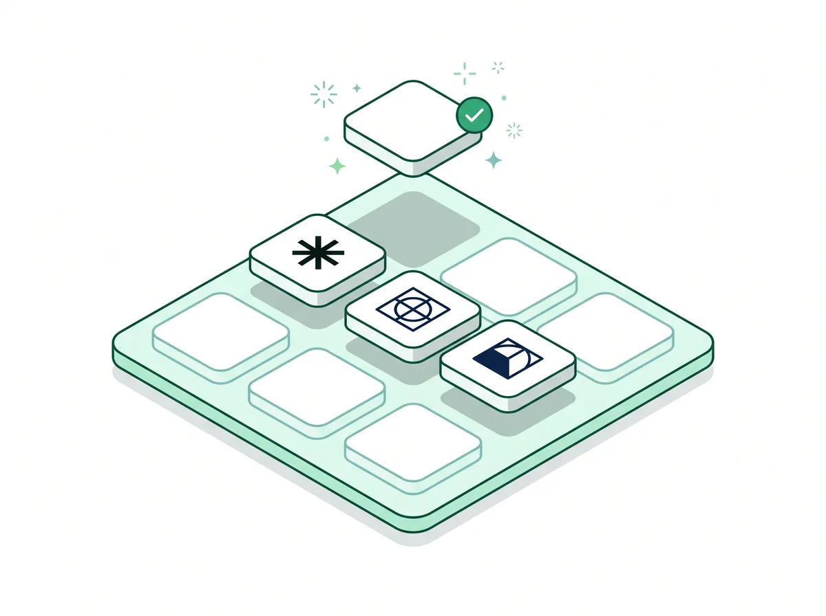 Isometric grid of app tiles with a floating card marked complete
