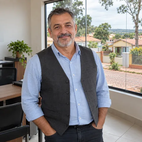 Adriano Trein, de camisa azul-clara e colete cinza, sorrindo diante da janela do escritório.
