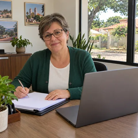 Lúcia Berwanger, de óculos e cardigã verde, sentada à mesa com um notebook e uma pasta de papéis.