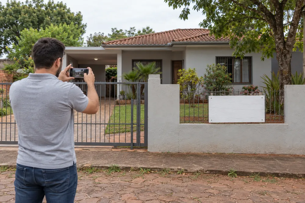 Corretor de camisa polo no portão de uma casa, fotografando a fachada com o celular, ao lado de uma placa branca sem texto.