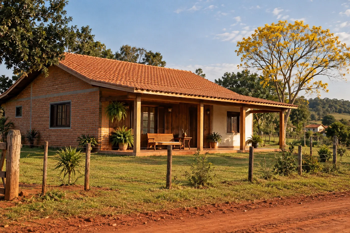 Casa térrea de campo, com parte da fachada em tijolo à vista, varanda de madeira com banco e uma cuia de chimarrão sobre a mesinha.