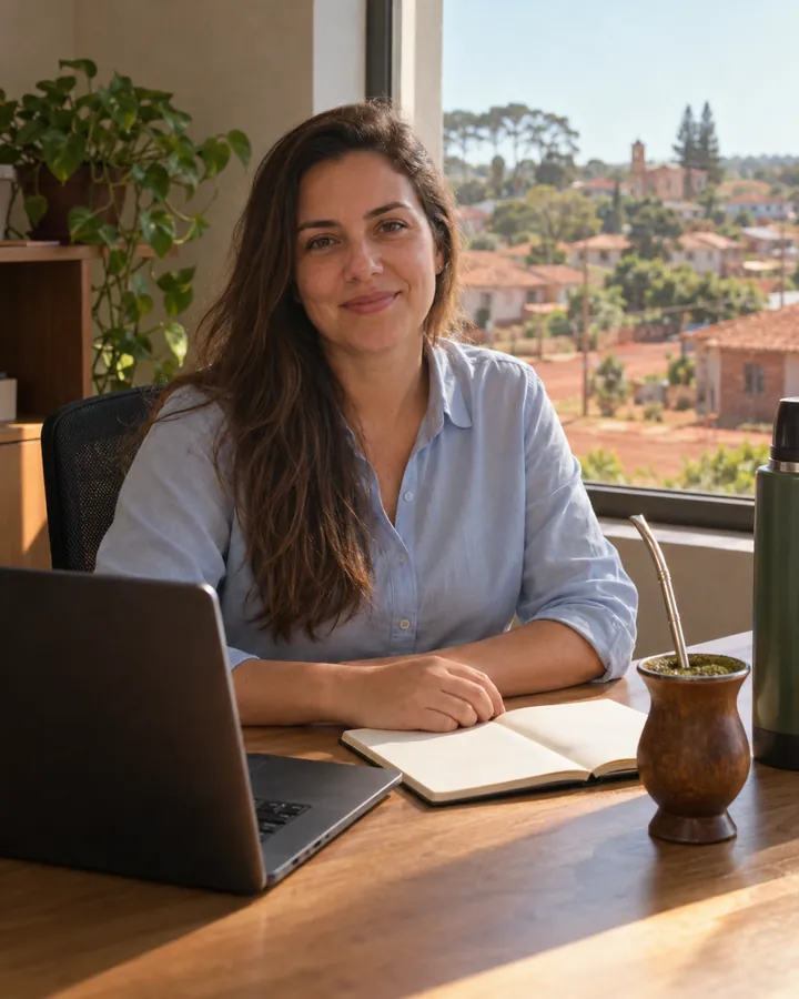 Camila Zanatta, do atendimento, sentada à mesa do escritório com notebook, caderno e uma cuia de chimarrão.