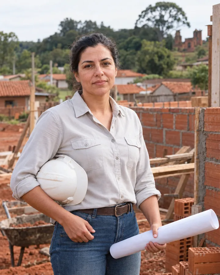 Helena Brandt, engenheira civil, de capacete debaixo do braço e uma planta enrolada, diante de uma parede de alvenaria em construção.