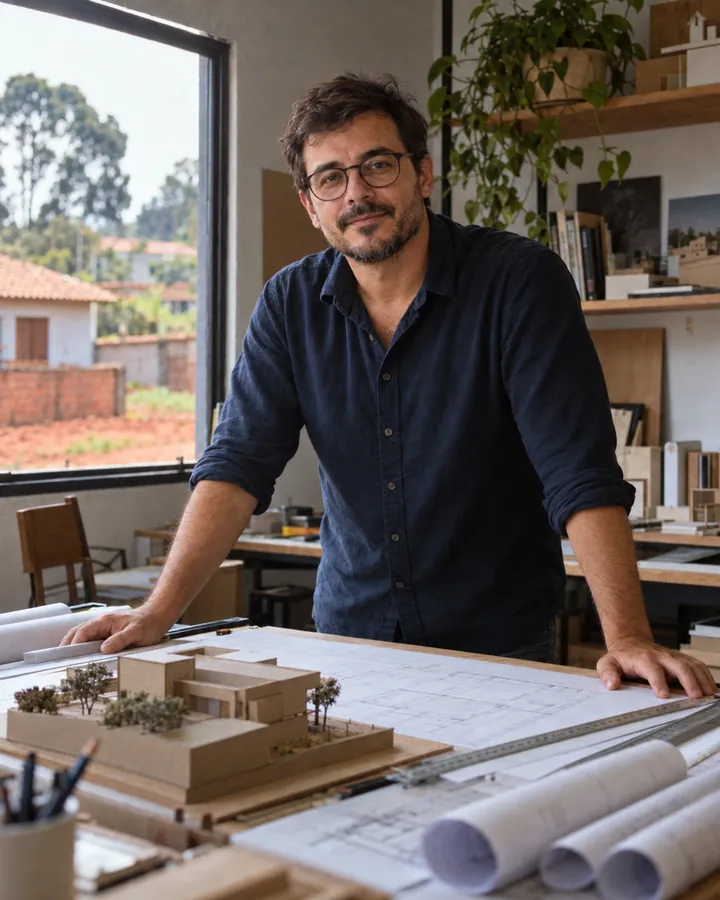 Rodrigo Kunzler, arquiteto, de barba e óculos, apoiado numa prancheta ao lado de uma maquete de papelão.