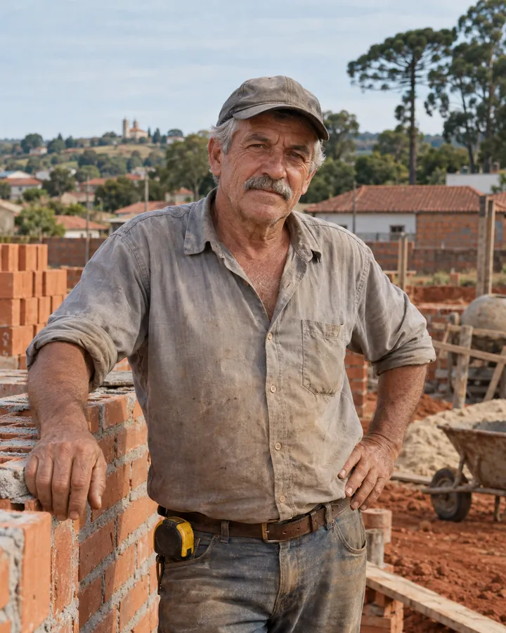 Valdir Wagner, mestre de obras, de boné e bigode grisalho, com uma trena na cintura, diante de uma parede de tijolos.