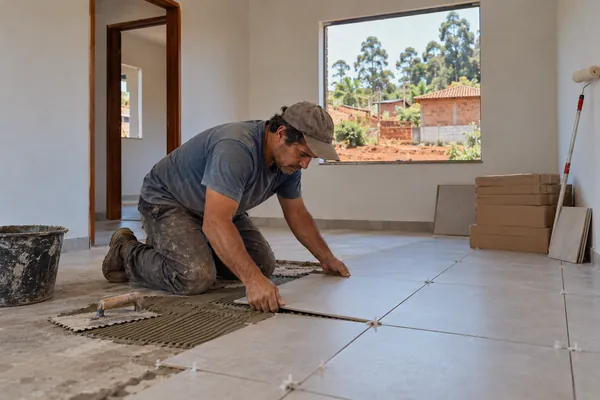 Ladrilheiro ajoelhado assentando piso porcelanato cinza claro numa sala de paredes recém-pintadas.