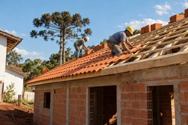 Dois operários de capacete assentando telhas cerâmicas sobre o madeiramento do telhado.