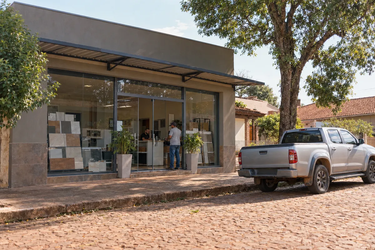 Fachada do escritório da construtora, com vitrine de vidro, faixa de cerâmica na parede, toldo de metal e duas plantas na porta, numa rua calçada.