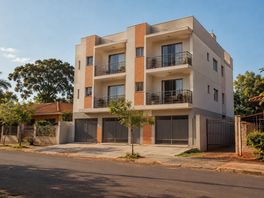 Pequeno prédio residencial de três andares, com sacadas e garagens no térreo, numa rua tranquila.