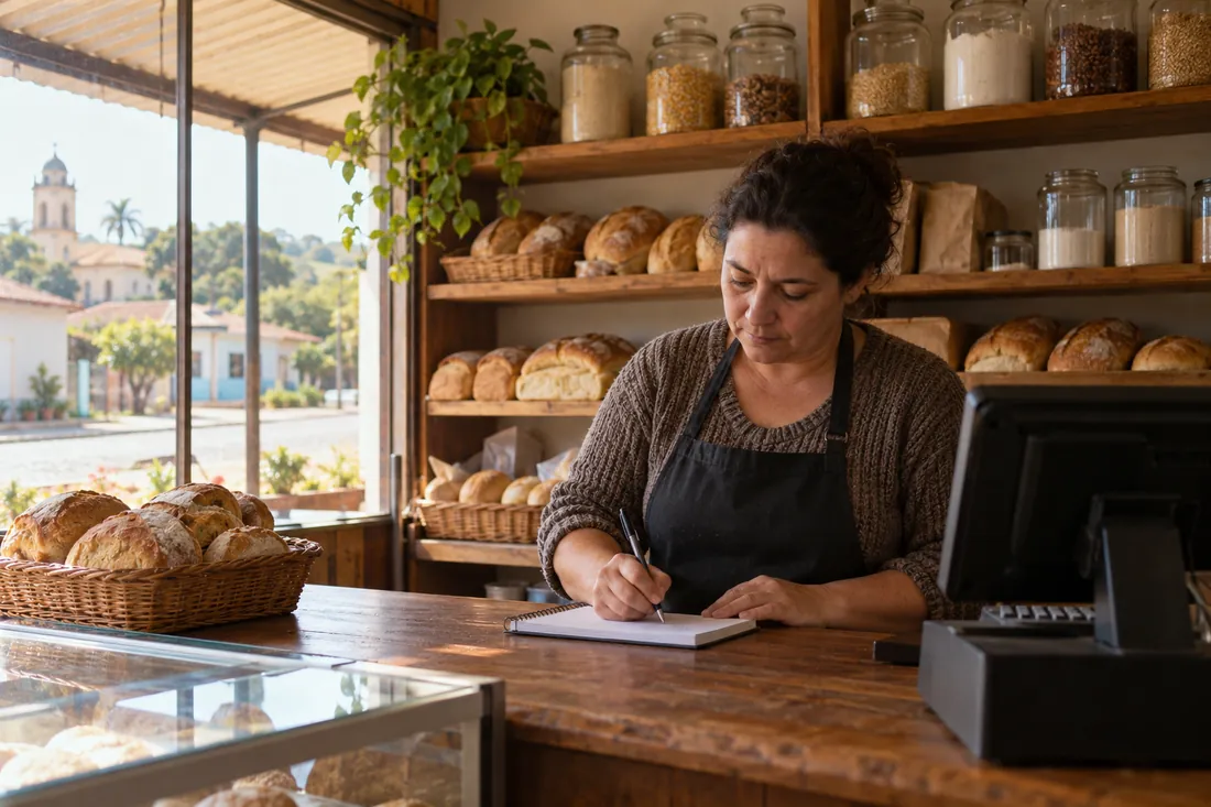 Dona de uma padaria de bairro anota em um caderno atrás do balcão.