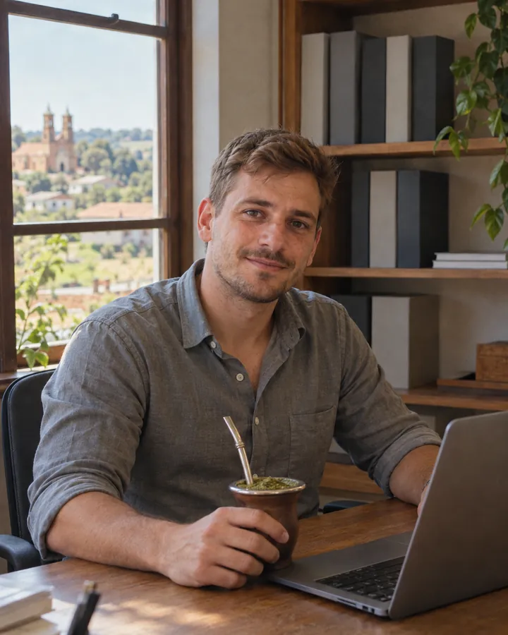Rafael Schmitt à mesa com notebook e uma cuia de chimarrão, olhando para a câmera.