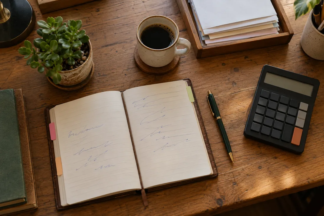 Mesa de trabalho vista de cima, com agenda aberta, calculadora, caneta e uma xícara de café.