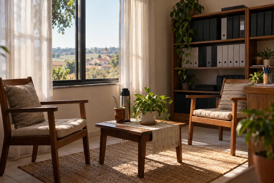 Cantinho de espera do escritório, com duas poltronas de madeira, uma mesa baixa com cuia de chimarrão e uma janela com luz da manhã.
