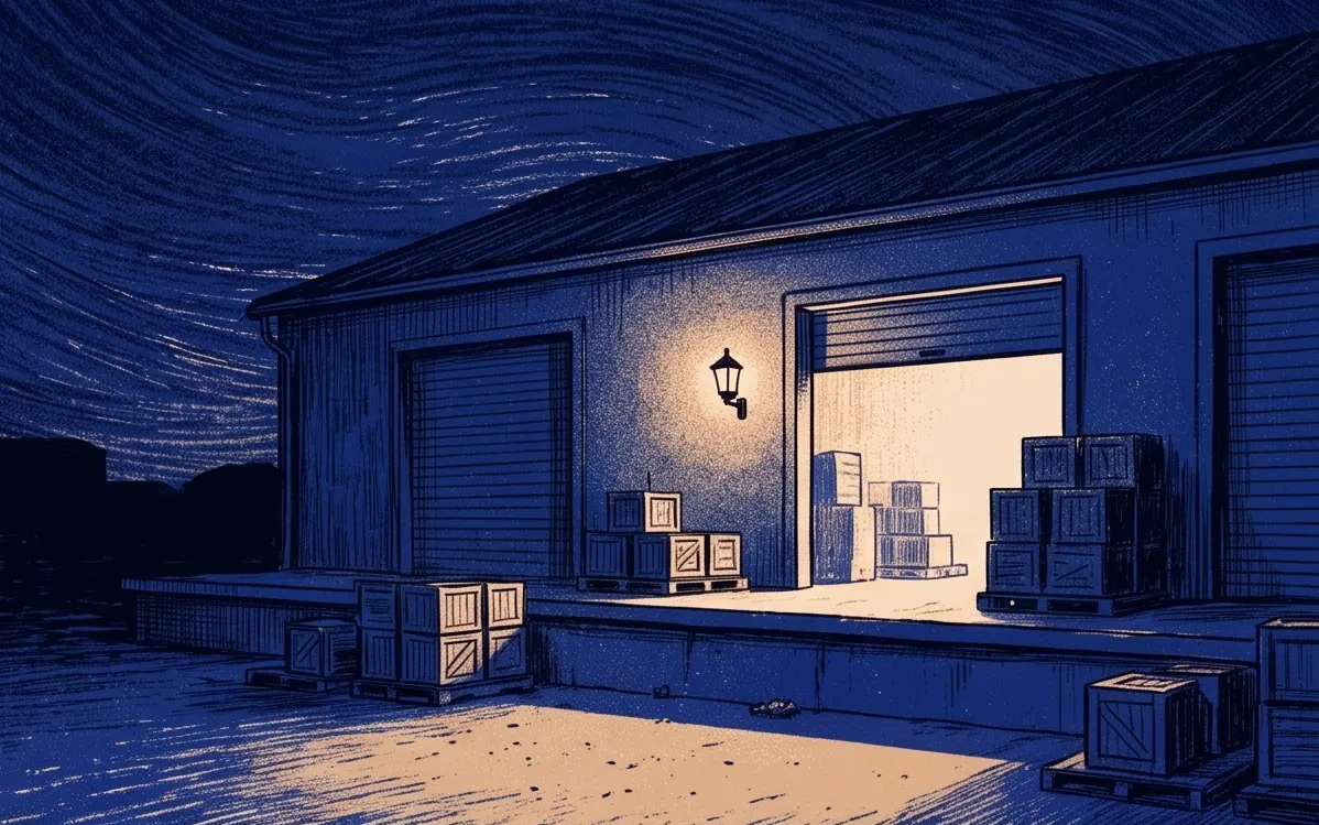 Pintura de uma doca de carga de armazém à noite, com uma porta iluminada e caixas empilhadas
