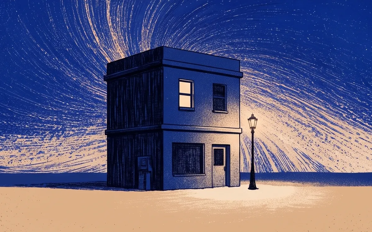 Pintura de um pequeno prédio de escritórios à noite, com uma janela acesa no andar de cima